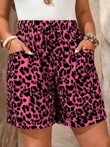EMERY ROSE Plus Size Leopard Print Pocket Shorts, Summer Vacation Pink - Hot Pink - View 3