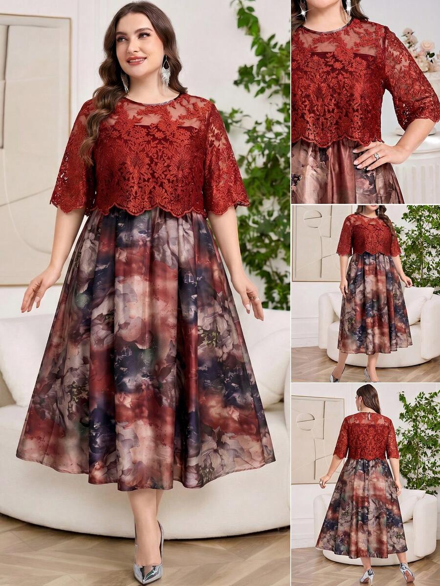 Reflora Plus Size Elegant Lace Patchwork Floral Print Vacation Dress - Burgundy - View 1