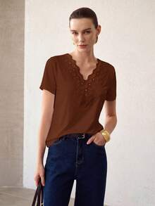 MOTF PREMIUM WOMEN'S CONTRAST LACE V-NECK T-SHIRT - Brown - View 1