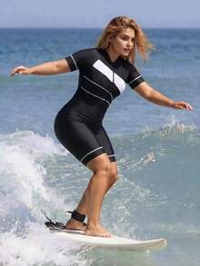 Swim SPRTY Đồ bơi một mảnh ngắn tay phối màu kiểu surf kèm quần short nữ size lớn, phong cách thường ngày thoải mái, mẫu mới 2026 - Đen và trắng - Xem 5