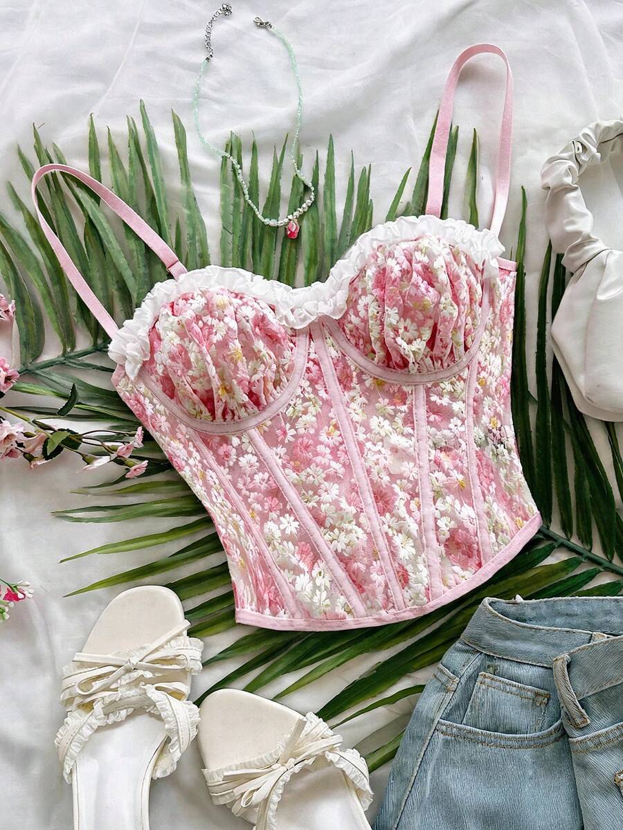 Soleia Women's Floral Print Ruffle Trim Casual Versatile Date Night Camisole Top - Baby Pink - View 1