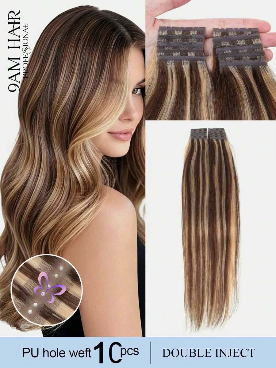 10 Tóc Nối Tự Thân Không Lỗ, Tóc Nối Bằng Băng Keo PU, Tóc Nối Không Keo, Tóc Nối Tự Thân Bằng Băng Keo PU Liền Mạch, Màu Vàng Caramel Balayage 4/27, Trọng lượng 40G-50G, Dành Cho Tóc Mỏng, Đã Được Dán Sẵn Kẹp May, Băng Keo, Mối Nối Siêu Nhỏ, Tóc Nối Hình Bướm Với Hạt Siêu Nhỏ, Tóc Nối Tự Thân Hai Lớp Bằng Băng Keo PU Liền Mạch Không Lỗ, Tóc Nối Tự Thân Có Hạt.