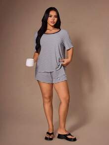 Lazeform 大码女式露背交叉条纹短袖休闲家居服套装 - 藏蓝色 - 查看 6