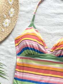 SHEIN Teen Girl Patchwork Halter Ruched Tankini And Triangle Tankini Bottom 2-Piece Swimwear Set, Suitable For Summer Vacation And Beach - Multicolor - View 4