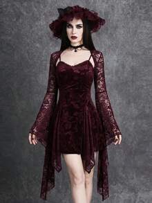 Glisette Romantic Rose Floral Lace Oversized Flare Sleeve Blouse For Women - Burgundy - View 1