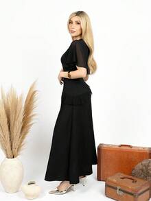 PRISCILA ESCOTO PRISCILA ESCOTO Novo vestido longo feminino texturizado, gola redonda, chiffon, patchwork, manga com babados, cintura justa, elegante e emagrecedor para encontros - Preto - Ver 5