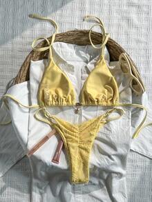 Swim Mod 2件套蕾丝露背无袖性感比基尼套装，女士夏季 - 黃色 - 查看 2
