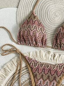 Swim Vcay Women's 2 Pieces Textured Rope Halter Bikini Set With Tie Side Bottoms, Summer Beach Swimwear - Coffee Brown - View 3