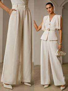ZEYLAH SOLID FOLD PLEATED SLANT POCKET WIDE LEG SUIT PANTS - Beige - View 8