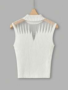 SHEIN Franclia Áo dệt kim nữ cổ cao nhỏ màu trắng, chất liệu sợi cotton, xuyên thấu nhẹ, bề mặt vân dệt, phong cách casual đi chơi/du lịch, áo dệt kim mùa xuân/hè, áo mùa hè, quần áo mùa hè, set đồ mùa hè, đồ đi chơi, áo casual nữ, áo trắng, áo dệt kim lỗ hở - trắng - Xem 2