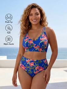 ELLERISSA Plus Size Blue Floral Print High Waist Cross Strap Back Bikini Set - Blue - View 1
