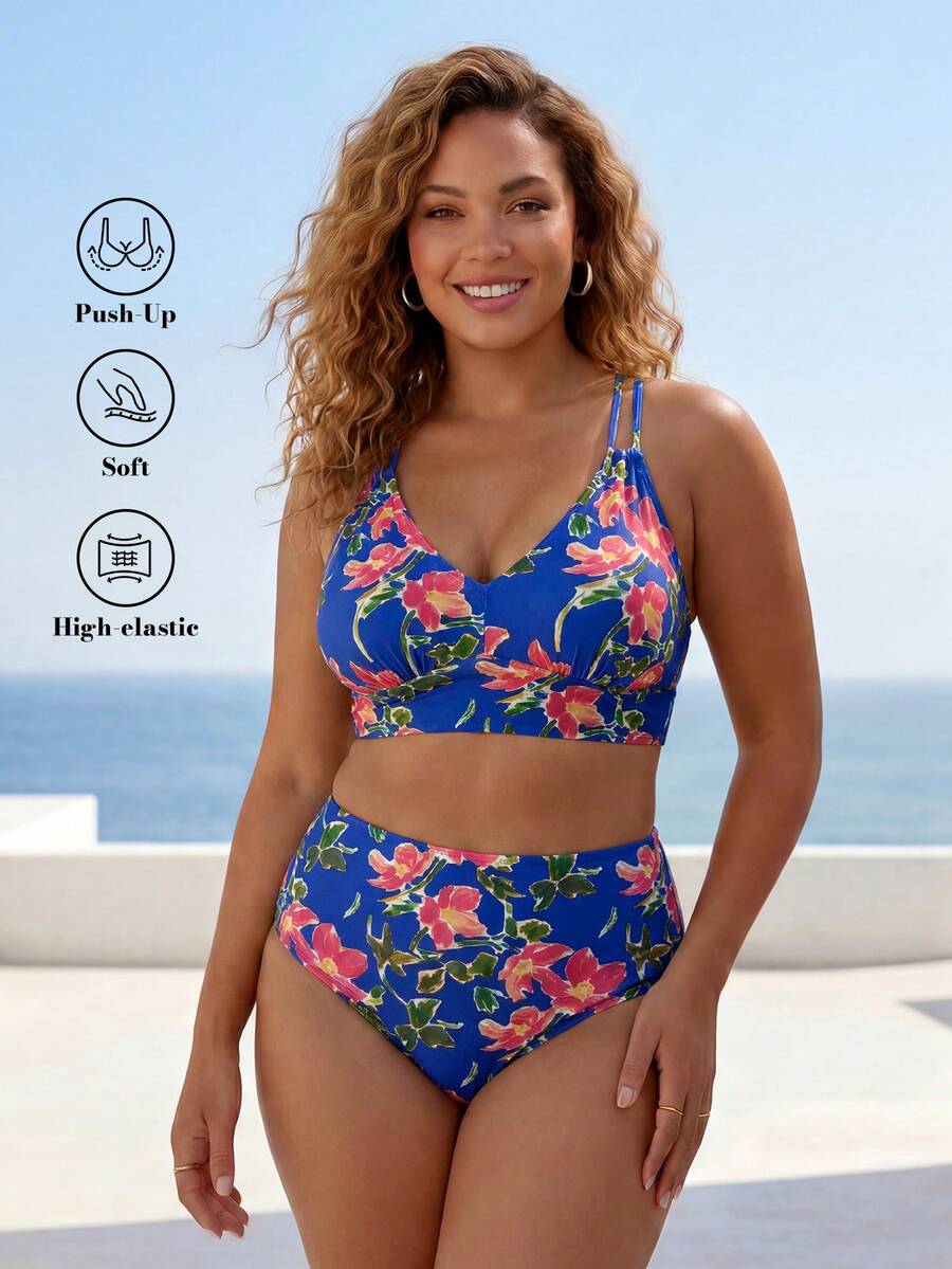 ELLERISSA Plus Size Blue Floral Print High Waist Cross Strap Back Bikini Set - Blue - View 1