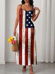 EMERY ROSE Plus Size Women Independence Day American Flag Print Camisole Dress, Casual Vacation Comfortable Long Dress - Multicolor - View 3