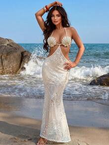 Swim SXY Đầm che phủ hở lưng cổ yếm đính sequin dành cho nữ đi nghỉ mát ở bãi biển. - Nhiều màu - Xem 4