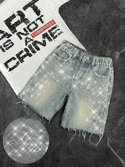 SHEIN Young Boy Summer Y2k Distressed Urban Street Style Vintage Washed Glitter Letter Rhinestone Vintage Blue Denim Loose Bermuda Jeans Shorts,For Kids Boys Spring/Summer Dailywear Outfits,Boys Streetwear Outfits,Vacation Outfits For Boys,Birthday Outfits For Boys,Casual Clothes For Boys,Graphic Jeans,Toddler Shorts,4-Year-Old Boys Shorts ,Summer Shorts,Casual Shorts,Rhinestone Shorts