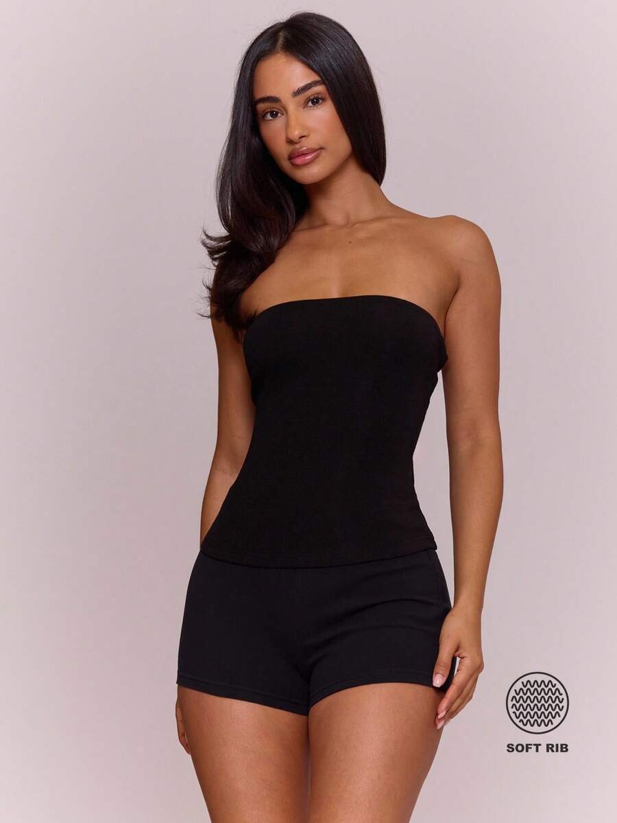 MUSERA ESSENTIALS Soft Rib Fitted Longline Bandeau Top 3 Piece Multipack Sold As Multipack Spring Summer Holiday Everyday Cute Daily Basics Simple Essential - Black - View 1
