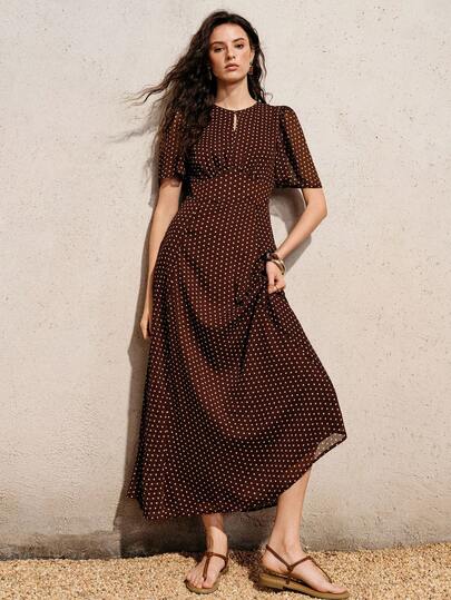 Aveloria Revavyn Vintage French Elegant Elegant Women's Casual Vacation Loose Brown Chiffon Polka Dot Round Neck Chest Hollow Design Ruffle Drop Shoulder Sleeve Waist Slimming Maxi Dress