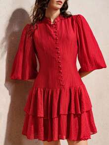 Revavyn Elegant Red Autumn Tea Party Mini Dress,Sweet Mandarin Collar Lantern Sleeve Textured Fabric Button Design Waist Cinching Double-Layer Ruffle Hem - Burgundy - View 6