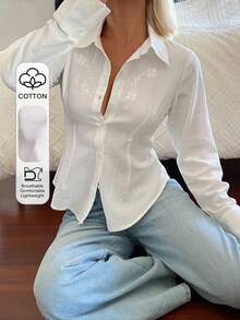 DAZY Floral Embroidery Waist Cinched Long Sleeve Collared Elegant Summer Blouse For Women Y2k School - White - View 1