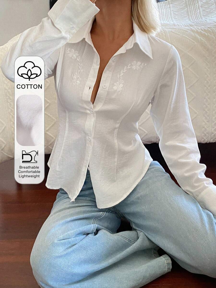 DAZY Floral Embroidery Waist Cinched Long Sleeve Collared Elegant Summer Blouse For Women Y2k School - White - View 1