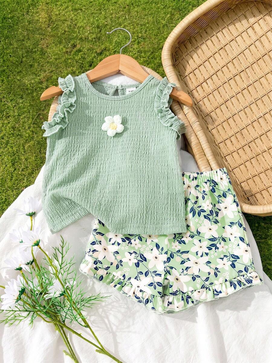 SHEIN Vintaside Kids Set Rompi dan Celana Pendek Jacquard Lucu untuk Bayi Perempuan, Musim Semi/Panas