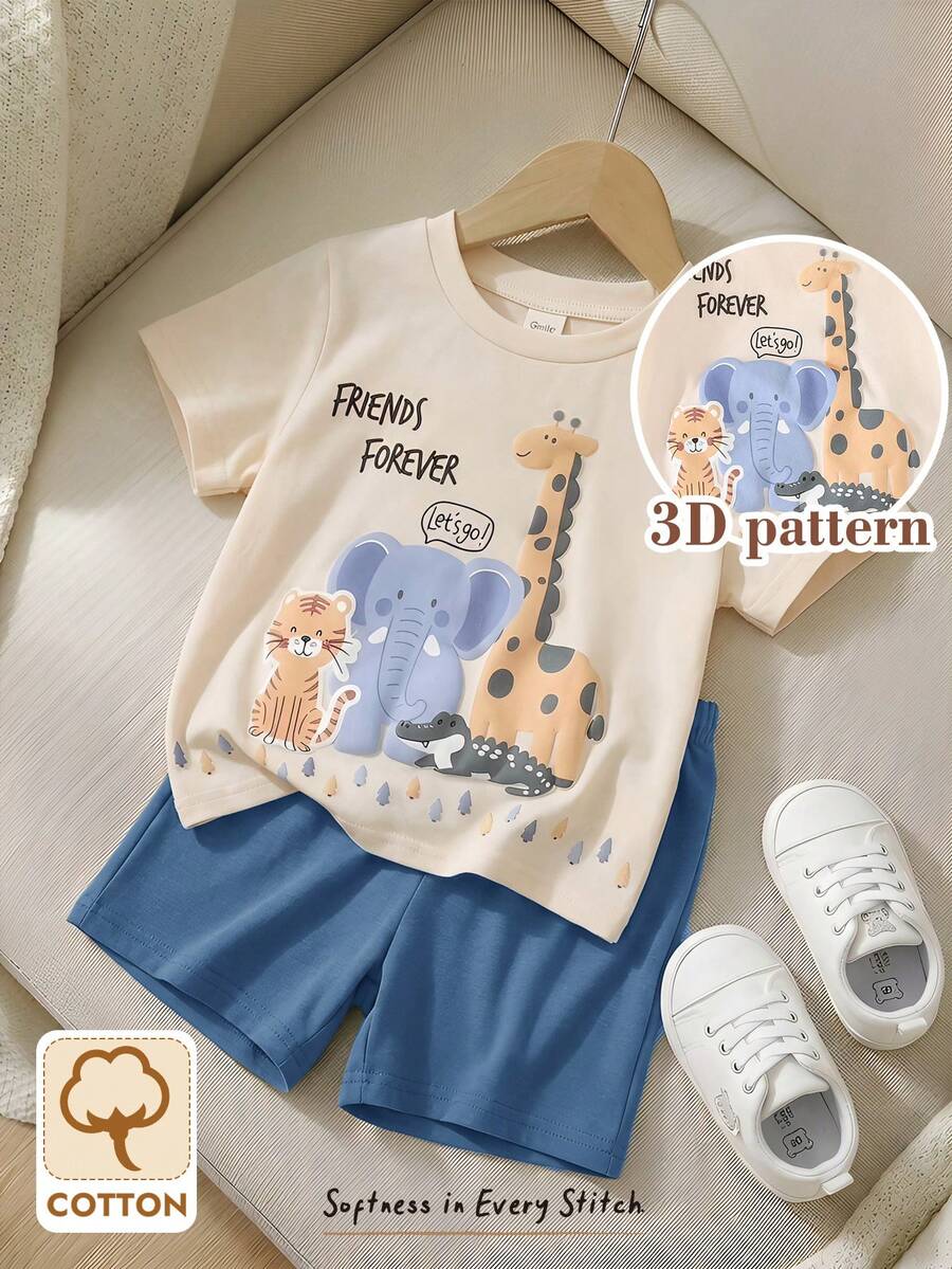 Cozy Pixies Bộ 2 món cho bé trai/bé gái, gồm áo thun dệt kim cổ tròn dáng rộng và quần short in hình động vật hoạt hình dễ thương, thích hợp mặc mùa xuân/hè. - Nhiều màu - Xem 1