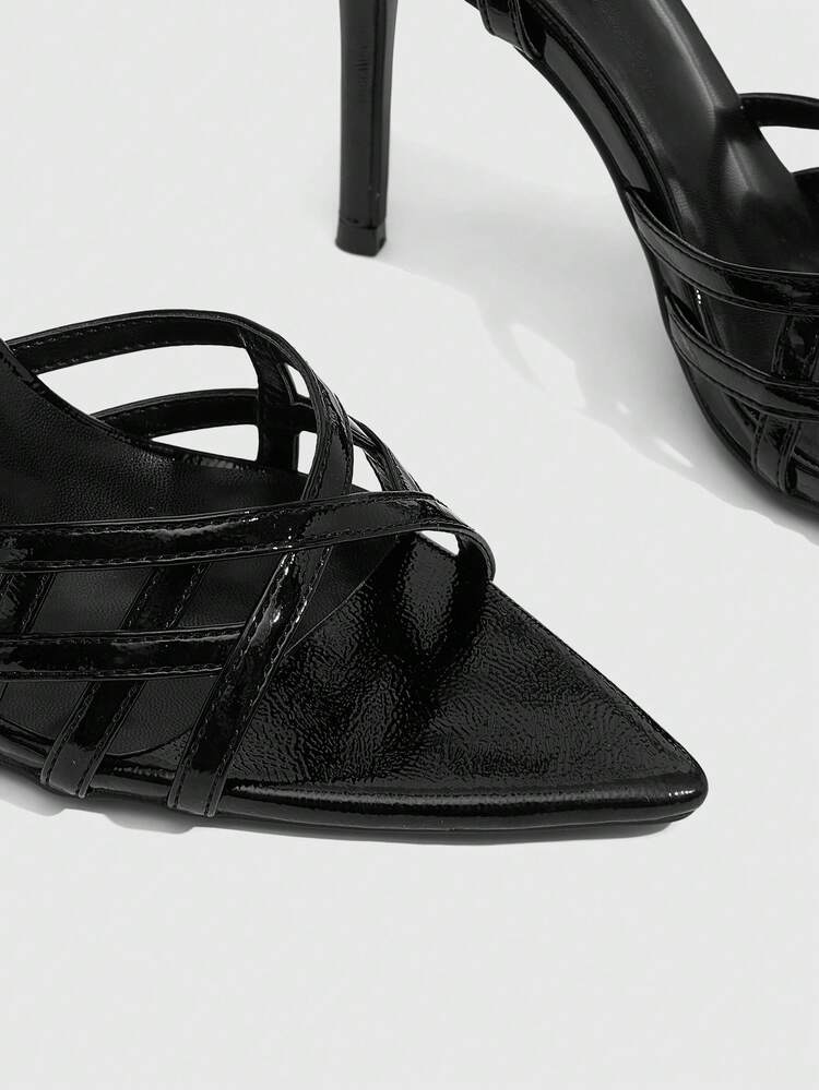 CUCCOO SZL Women Shoes Black Slim Strap Cross Element Fashion Sexy Ankle Strap Pointed Stiletto Sandals