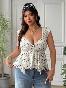SHEIN EZwear Plus Size Women's Black And White Ruffle Sweetheart Neck Cap Sleeve Top Vacation Summer Cute - Apricot - View 6