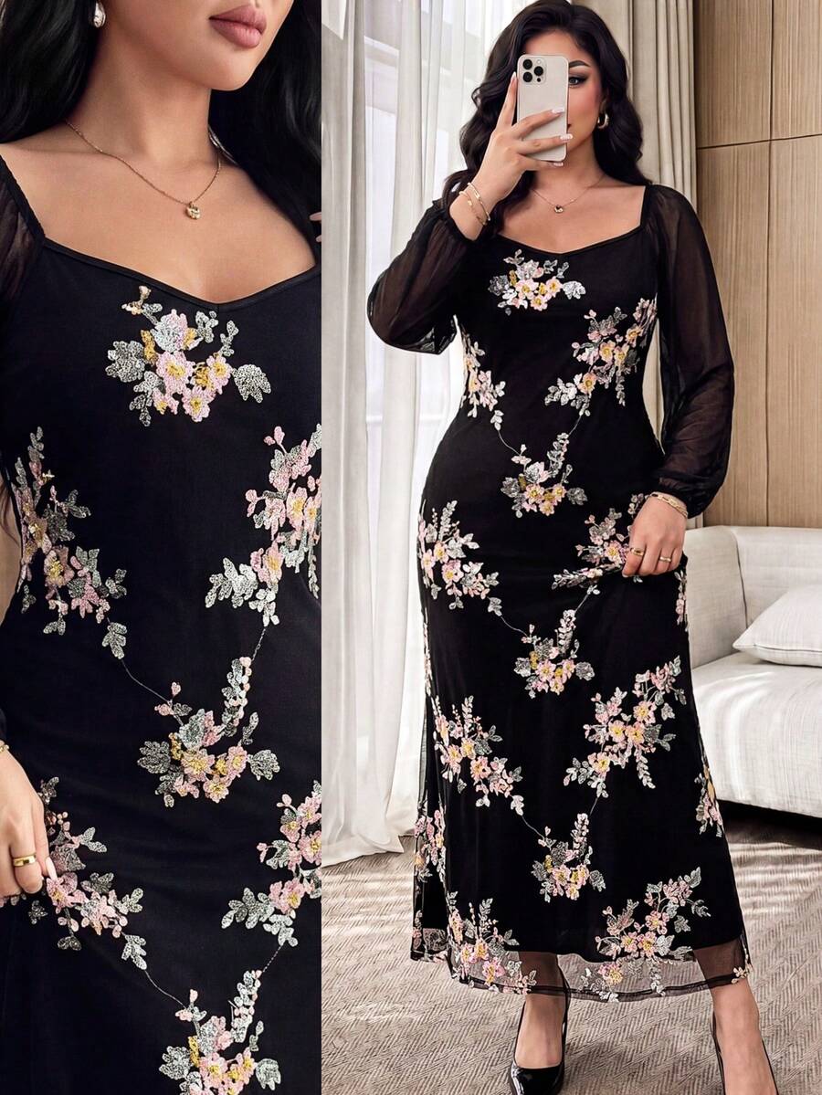 Feyla Đầm thêu thanh lịch cỡ lớn dành cho nữ, thích hợp cho các buổi hẹn hò và kỳ nghỉ. - màu đen - Xem 1