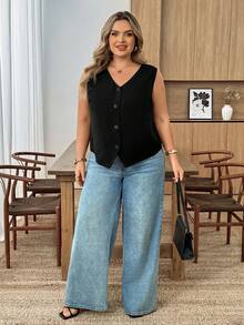 SHEIN CURVE+ 加大码黑色薄款马甲外套，女士办公室衬衫 - 黑色 - 查看 4