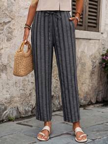 EMERY ROSE Women's Casual Commuter Striped Drawstring Pants - Dark Grey - View 3