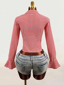 Mistrie Women's Sexy Cottage Core Retro V-Neck Eyelet Lace-Up Long Sleeved Plaid Shirt With Front And Middle Straps Ruffle Sleeves Design Picnic Oktoberfest - Red and White - View 4