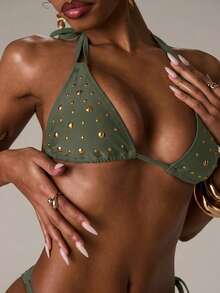 SHEIN BAE Women's Vacation Casual Rivet Halter Bikini Set - Army Green - View 7