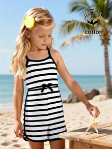 SHEIN Elladie kids 女童夏季新款極簡運動風白色條紋抽繩拼接色無袖連身褲，蝴蝶結腰飾休閒運動連身短褲 - 黑與白 - 查看 6