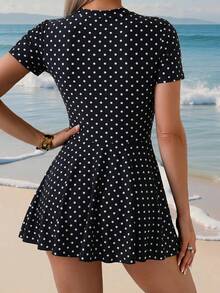 Swim Shayni Áo tắm Burkini nữ kiểu dáng thường ngày, họa tiết chấm bi, có khóa kéo, thích hợp cho kỳ nghỉ biển. - Đen và trắng - Xem 2