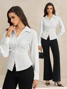 SHEIN Tall Camisa casual de mujer de unicolor de manga larga y abotonadura sencilla - Blanco - Ver 3