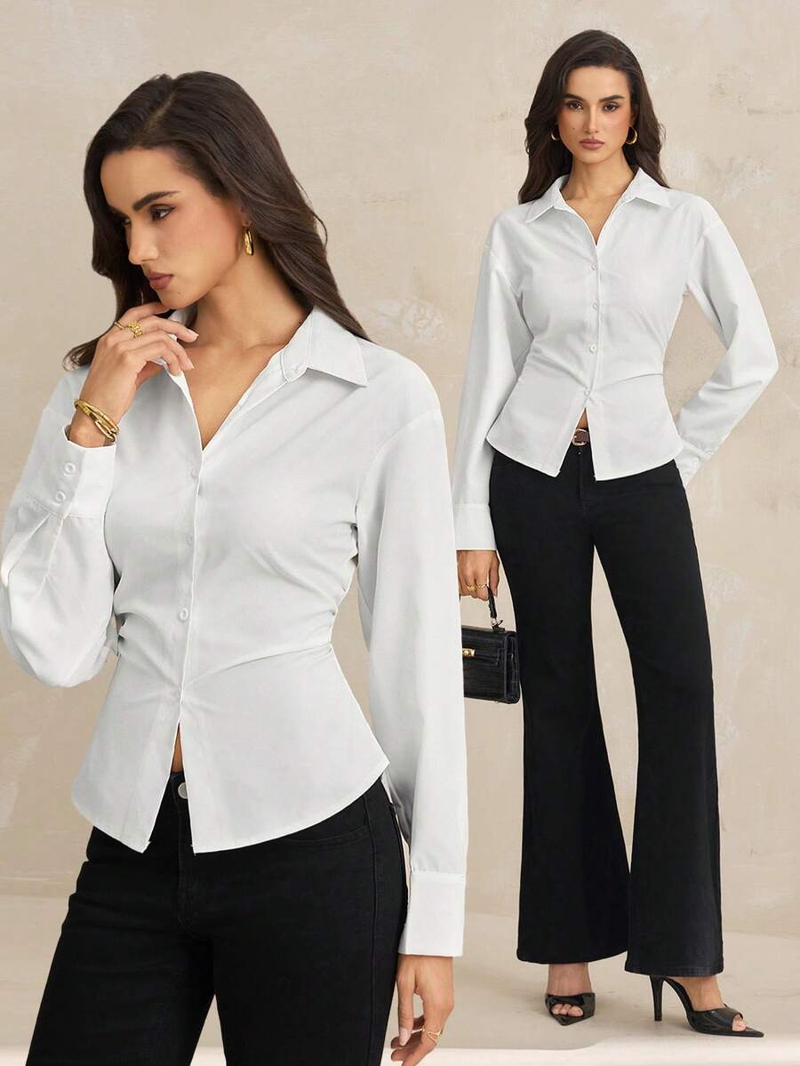 SHEIN Tall 女士纯色长袖单排扣休闲衬衫 - 白色 - 查看 1