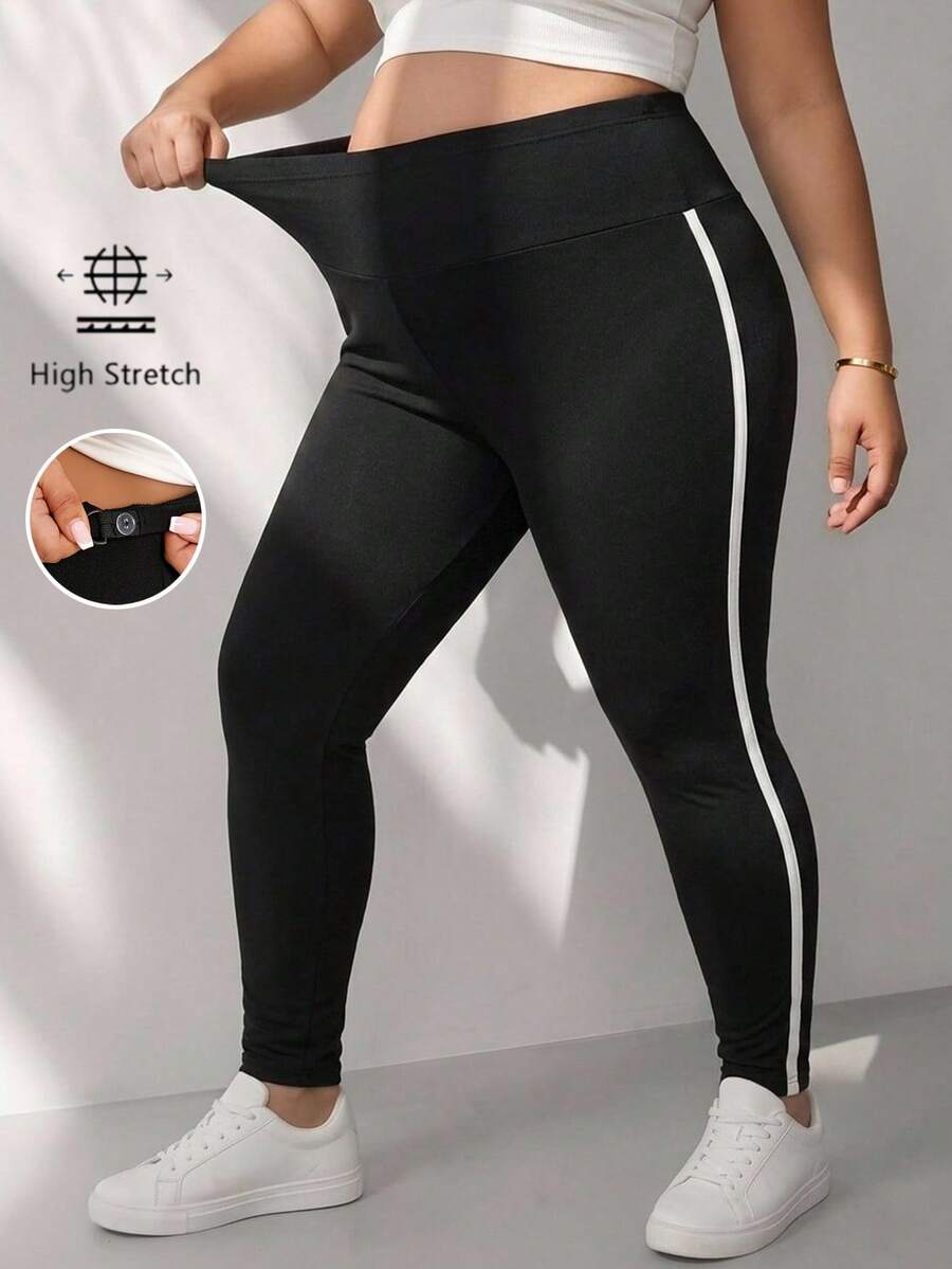 Plussiva Maternity Plus Size Adjustable High Waist Contrast Striped Side Skinny Leggings - Black - View 1