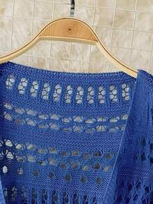 DreamSkyne Cardigan Rajut Jaring Bertali Serut dan Pita untuk Wanita Ukuran Besar, Warna Polos, Gaya Pantai, Resor, Romantis, Pakaian Barat - Royal Blue - View 3