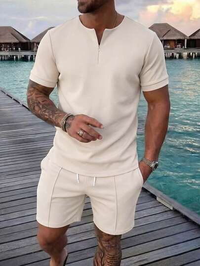 VENTUSAIL Men's Comfortable Solid Color Flat Fabric T-Shirt Set, Hot-Selling Zip Collar Short Sleeve T-Shirt And Drawstring Elastic Waist Shorts 2-Piece Set, Men's Casual Vacation, Party, Gathering, Friend Date, Ball Sports, Simple Office, Spring/Summer Classic Japanese Style Short Sleeve Shorts Set, Classic Hot-Selling Set, Suitable For Wearing Yourself Or Gifting To Friends