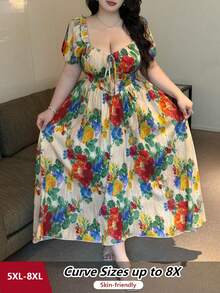 SHEIN CURVE+ Elegante vestido largo de verano con estampado de pintura al óleo vintage francesa de colores vibrantes, con mangas abullonadas, hombros descubiertos, cuello convertible y cintura ceñida, para vacaciones - Multicolor - Ver 5