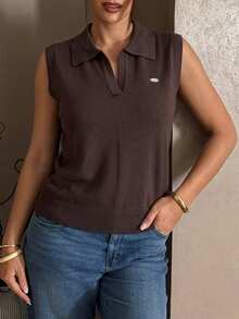 Dazy Plus Plus Size Women Casual Loose Solid Color Half-Placket Short Sleeve Knit Top, Suitable For Spring/Summer Commuting - Brown - View 3