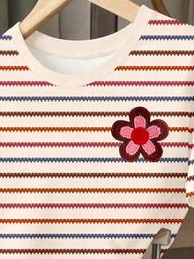Dopamine Colorful Wide Stripe, Vintage Sweet Floral Embroidery Pattern Print, Young Girl Casual Minimalist Comfortable Soft Loose Round Neck Short Sleeve T-Shirt And Casual Shorts 2 Pieces Suitable For Spring/Summer Daily, Home, Outing, Holiday, Easter - Multicolor - View 5