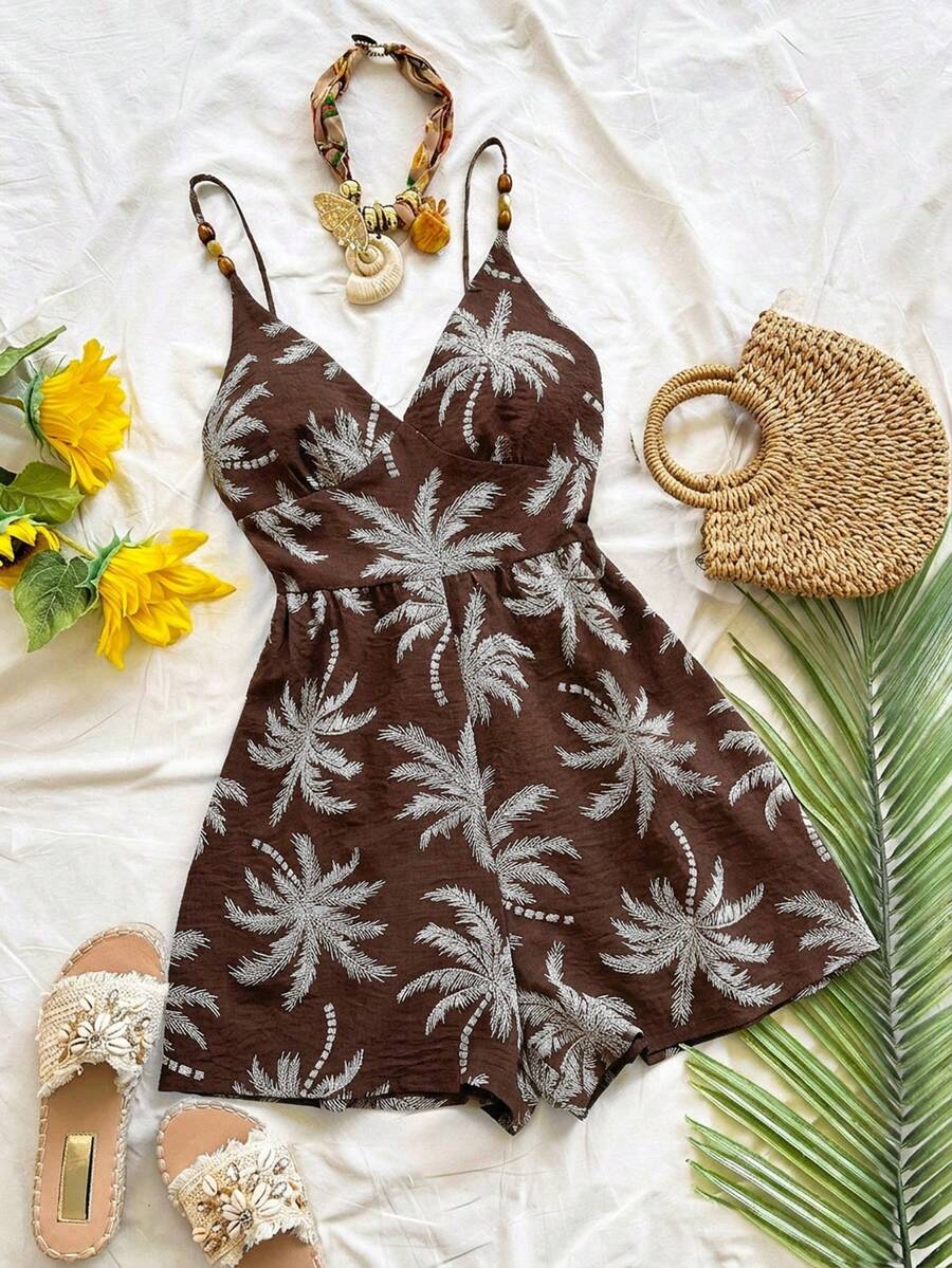 Soleia Women's Brown Summer Boho Tropical Wrap Holiday Vacation Tropical Print Jumpsuit, Spaghetti Strap, Metal Decor, Brunch, Beach Vacation, Music Festival - Coffee Brown - View 1