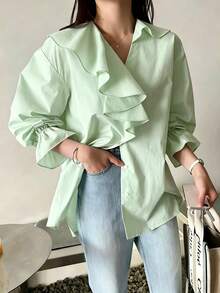 INAWLY V-Neck Patchwork Ruffle Hem Loose Blouse - Green - View 5
