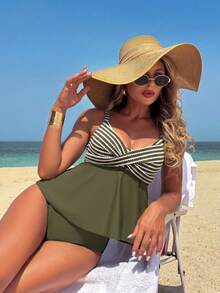 Swim Lushoire Bộ bikini nữ vải vân nổi cạp cao thanh lịch, tankini dây mảnh cho kỳ nghỉ hè đi biển, phong cách trưởng thành, thanh lịch và kín đáo, họa tiết sọc xanh trắng, thiết kế đan chéo thắt nút, gấu bèo nhún - Nhiều màu - Xem 3