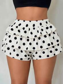Radiana Summer Casual Cute White And Black Polka Dot Print Ruffle Trim Layered Shorts Holiday Holiday Vacation - Multicolor - View 6