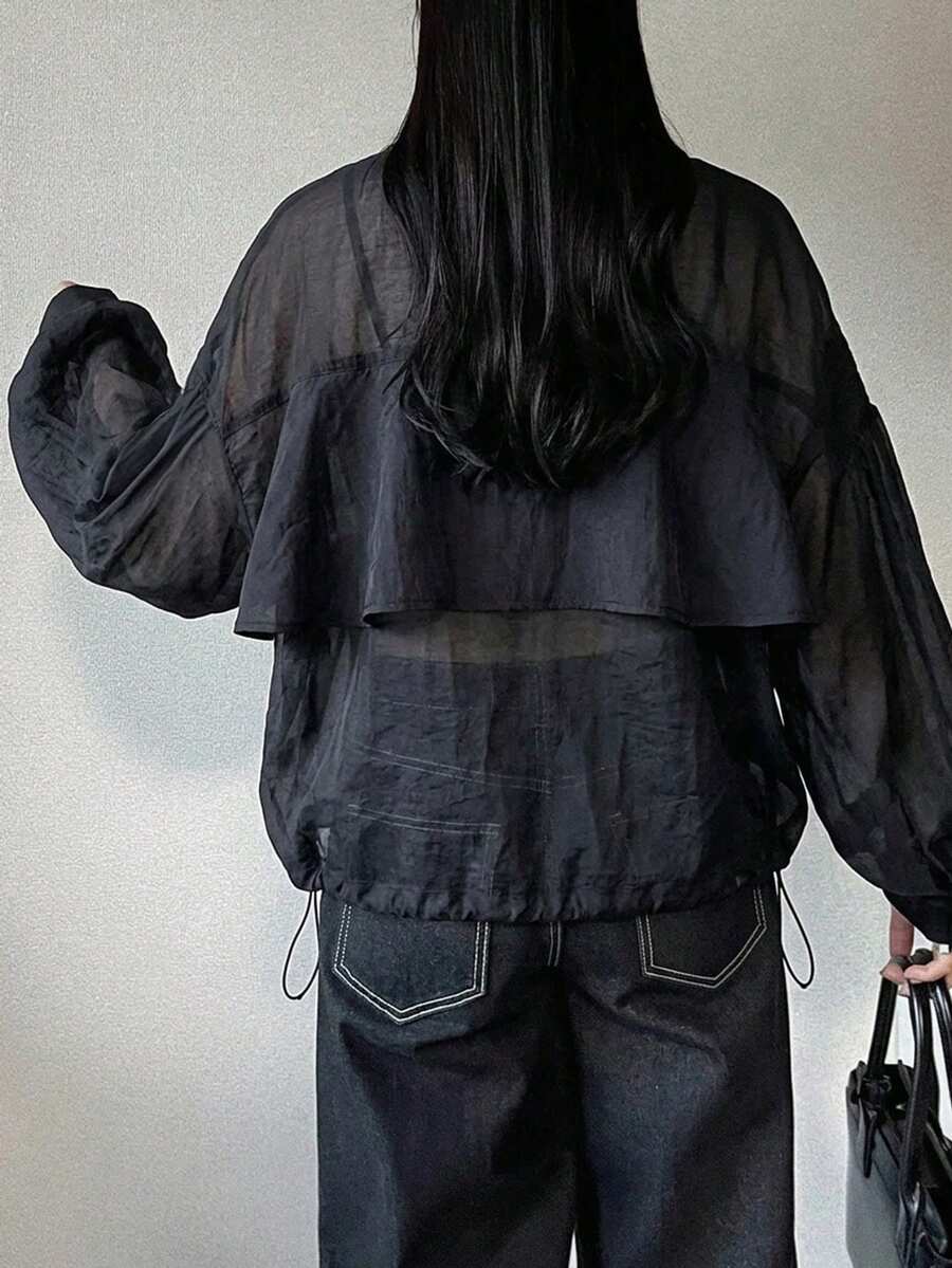 FRIFUL 女士纯色透视网纱轻薄长袖外套,夏季 - 黑色 - 查看 1