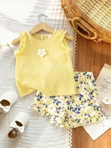 SHEIN Vintaside Kids Conjunto de chaleco y pantalones cortos de jacquard lindo para niñas, primavera/verano - Multicolor - Ver 7