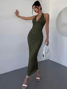 Firerie New V-Neck Sleeveless Textured Bodycon Maxi Dress, Elegant For Valentine's Day Date Dinner Date, Spring/Summer Olive Green,Graduation Dress,Wedding Guests - Army Green - View 5